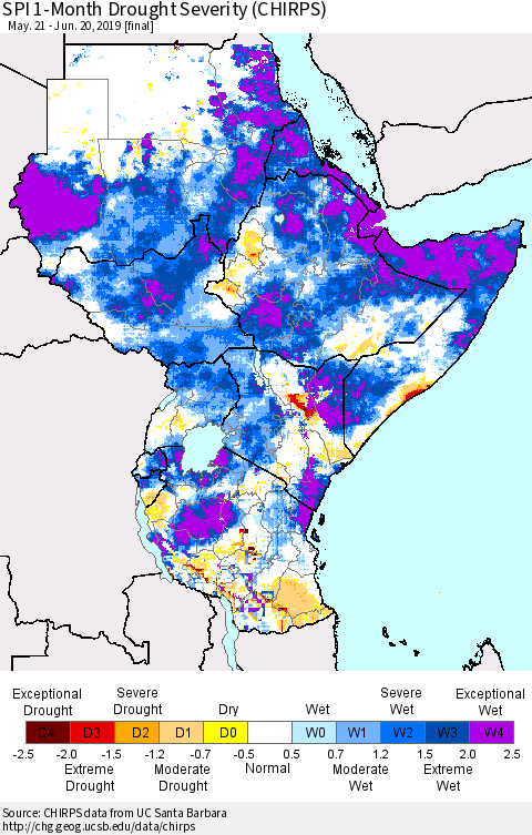 Eastern Africa SPI 1-Month Drought Severity (CHIRPS) Thematic Map For 5/21/2019 - 6/20/2019