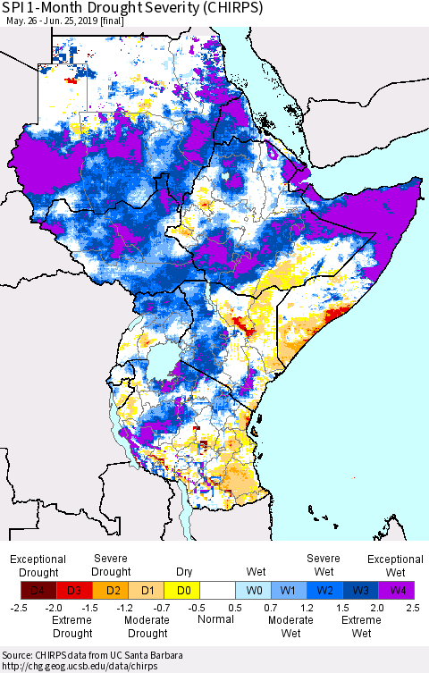 Eastern Africa SPI 1-Month Drought Severity (CHIRPS) Thematic Map For 5/26/2019 - 6/25/2019