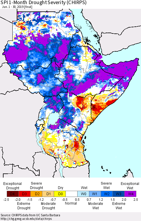 Eastern Africa SPI 1-Month Drought Severity (CHIRPS) Thematic Map For 6/1/2019 - 6/30/2019