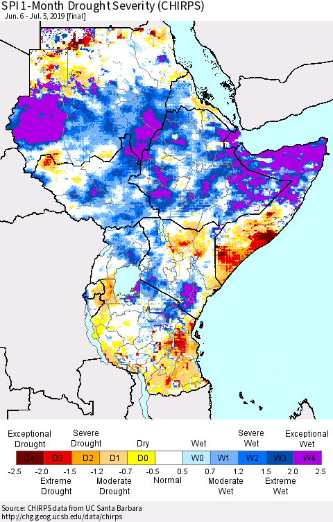 Eastern Africa SPI 1-Month Drought Severity (CHIRPS) Thematic Map For 6/6/2019 - 7/5/2019
