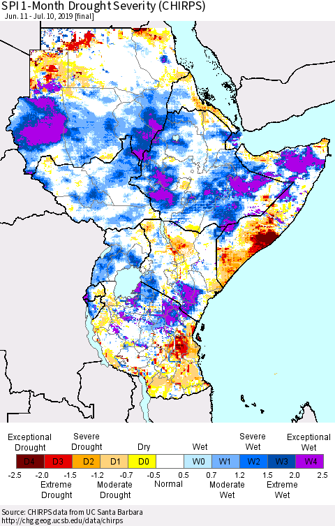 Eastern Africa SPI 1-Month Drought Severity (CHIRPS) Thematic Map For 6/11/2019 - 7/10/2019