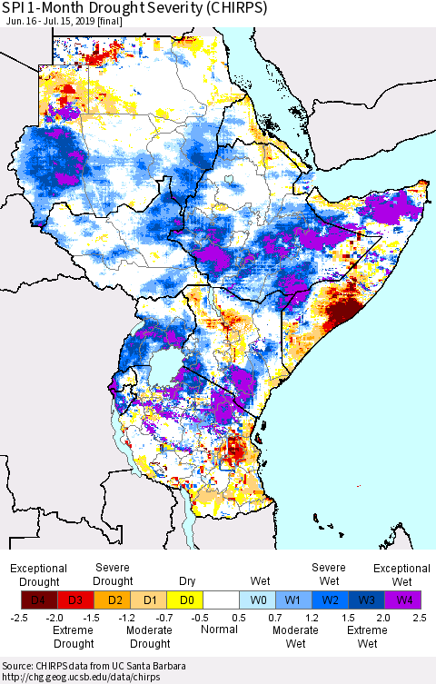 Eastern Africa SPI 1-Month Drought Severity (CHIRPS) Thematic Map For 6/16/2019 - 7/15/2019