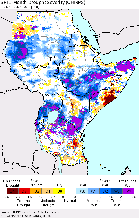 Eastern Africa SPI 1-Month Drought Severity (CHIRPS) Thematic Map For 6/21/2019 - 7/20/2019