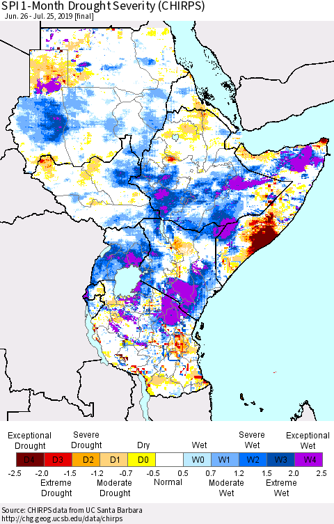 Eastern Africa SPI 1-Month Drought Severity (CHIRPS) Thematic Map For 6/26/2019 - 7/25/2019