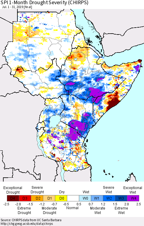 Eastern Africa SPI 1-Month Drought Severity (CHIRPS) Thematic Map For 7/1/2019 - 7/31/2019