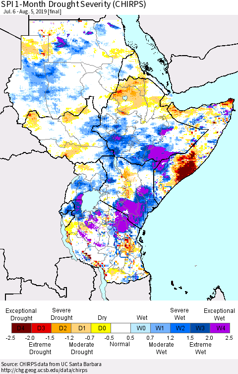 Eastern Africa SPI 1-Month Drought Severity (CHIRPS) Thematic Map For 7/6/2019 - 8/5/2019