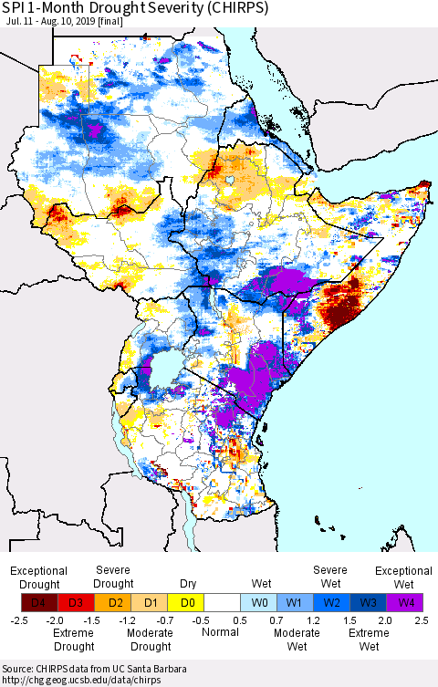 Eastern Africa SPI 1-Month Drought Severity (CHIRPS) Thematic Map For 7/11/2019 - 8/10/2019