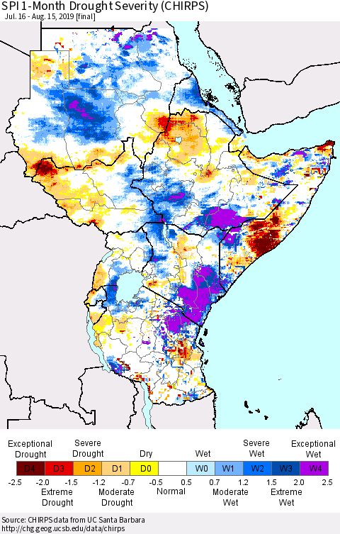 Eastern Africa SPI 1-Month Drought Severity (CHIRPS) Thematic Map For 7/16/2019 - 8/15/2019