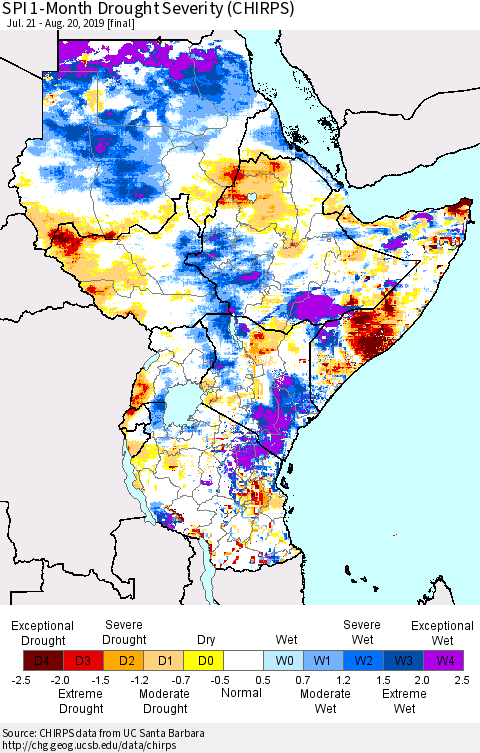Eastern Africa SPI 1-Month Drought Severity (CHIRPS) Thematic Map For 7/21/2019 - 8/20/2019