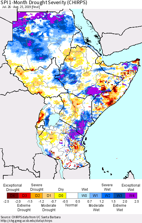Eastern Africa SPI 1-Month Drought Severity (CHIRPS) Thematic Map For 7/26/2019 - 8/25/2019
