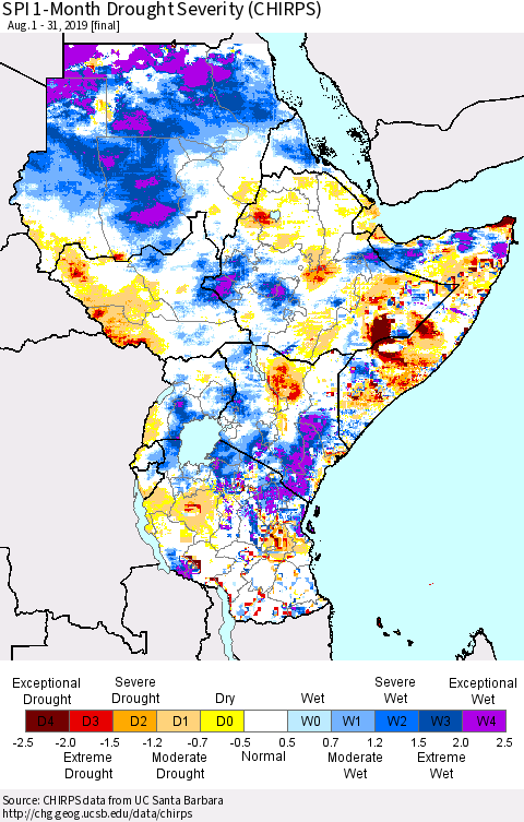 Eastern Africa SPI 1-Month Drought Severity (CHIRPS) Thematic Map For 8/1/2019 - 8/31/2019
