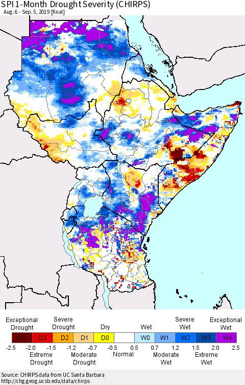 Eastern Africa SPI 1-Month Drought Severity (CHIRPS) Thematic Map For 8/6/2019 - 9/5/2019