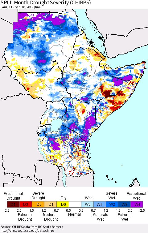 Eastern Africa SPI 1-Month Drought Severity (CHIRPS) Thematic Map For 8/11/2019 - 9/10/2019