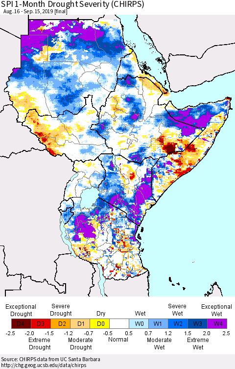 Eastern Africa SPI 1-Month Drought Severity (CHIRPS) Thematic Map For 8/16/2019 - 9/15/2019