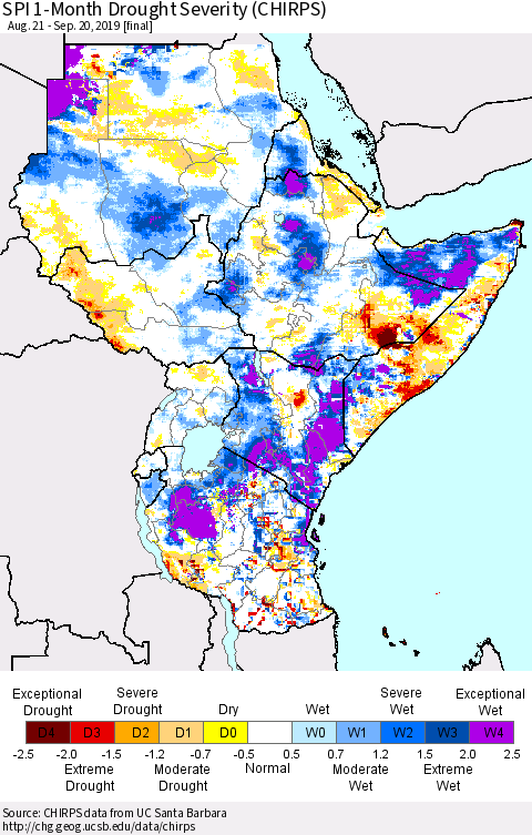 Eastern Africa SPI 1-Month Drought Severity (CHIRPS) Thematic Map For 8/21/2019 - 9/20/2019