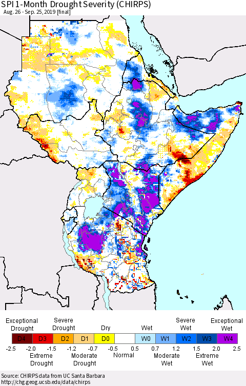 Eastern Africa SPI 1-Month Drought Severity (CHIRPS) Thematic Map For 8/26/2019 - 9/25/2019