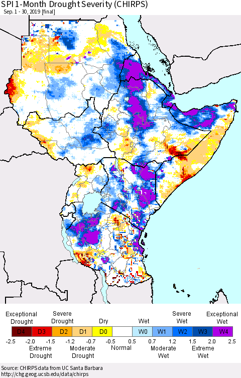 Eastern Africa SPI 1-Month Drought Severity (CHIRPS) Thematic Map For 9/1/2019 - 9/30/2019