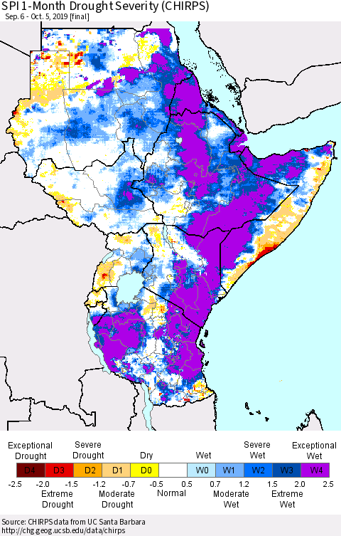 Eastern Africa SPI 1-Month Drought Severity (CHIRPS) Thematic Map For 9/6/2019 - 10/5/2019