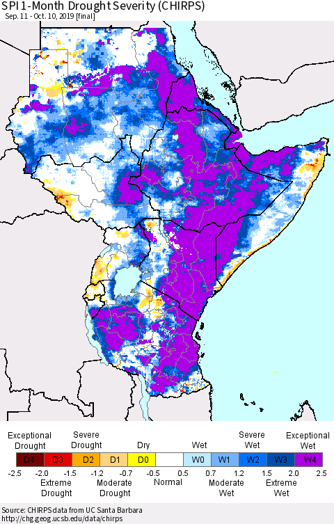 Eastern Africa SPI 1-Month Drought Severity (CHIRPS) Thematic Map For 9/11/2019 - 10/10/2019