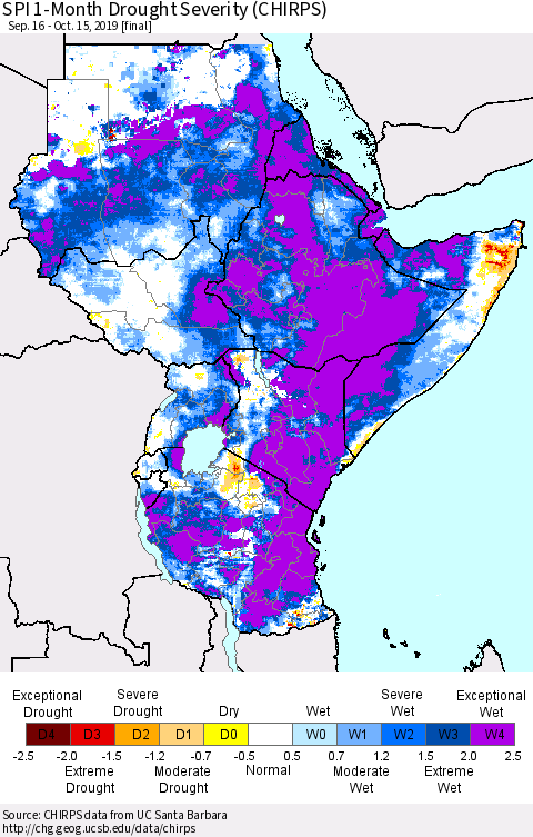 Eastern Africa SPI 1-Month Drought Severity (CHIRPS) Thematic Map For 9/16/2019 - 10/15/2019