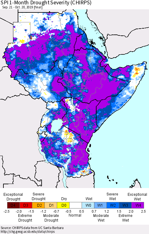 Eastern Africa SPI 1-Month Drought Severity (CHIRPS) Thematic Map For 9/21/2019 - 10/20/2019