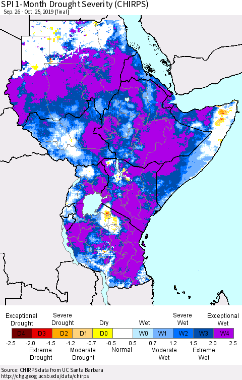 Eastern Africa SPI 1-Month Drought Severity (CHIRPS) Thematic Map For 9/26/2019 - 10/25/2019