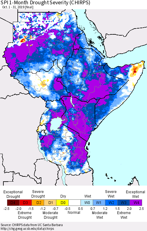 Eastern Africa SPI 1-Month Drought Severity (CHIRPS) Thematic Map For 10/1/2019 - 10/31/2019