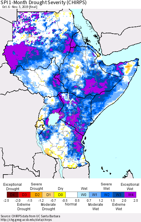 Eastern Africa SPI 1-Month Drought Severity (CHIRPS) Thematic Map For 10/6/2019 - 11/5/2019