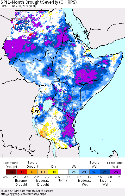 Eastern Africa SPI 1-Month Drought Severity (CHIRPS) Thematic Map For 10/11/2019 - 11/10/2019