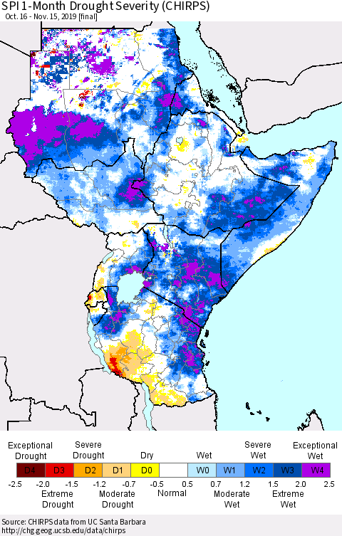 Eastern Africa SPI 1-Month Drought Severity (CHIRPS) Thematic Map For 10/16/2019 - 11/15/2019