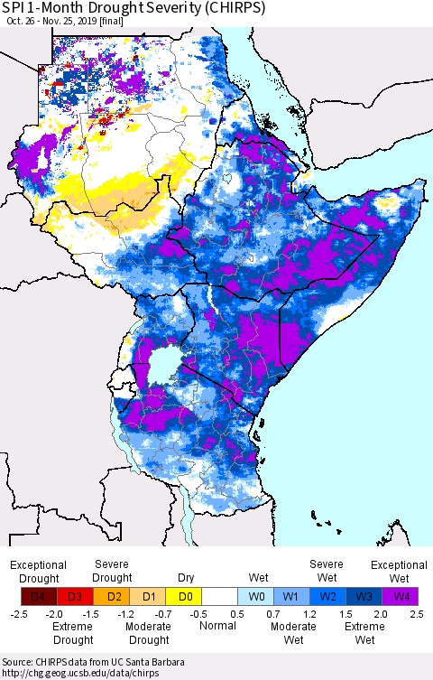 Eastern Africa SPI 1-Month Drought Severity (CHIRPS) Thematic Map For 10/26/2019 - 11/25/2019