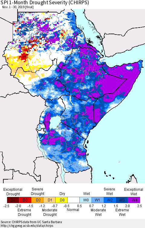Eastern Africa SPI 1-Month Drought Severity (CHIRPS) Thematic Map For 11/1/2019 - 11/30/2019