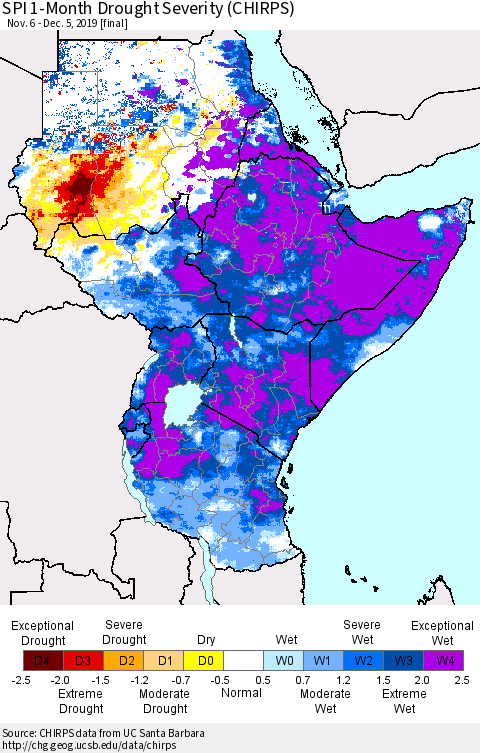 Eastern Africa SPI 1-Month Drought Severity (CHIRPS) Thematic Map For 11/6/2019 - 12/5/2019