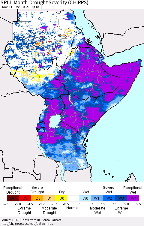 Eastern Africa SPI 1-Month Drought Severity (CHIRPS) Thematic Map For 11/11/2019 - 12/10/2019