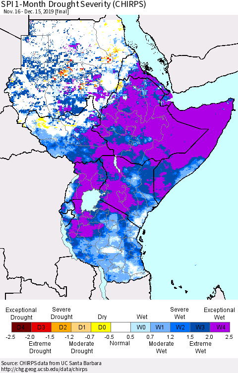 Eastern Africa SPI 1-Month Drought Severity (CHIRPS) Thematic Map For 11/16/2019 - 12/15/2019