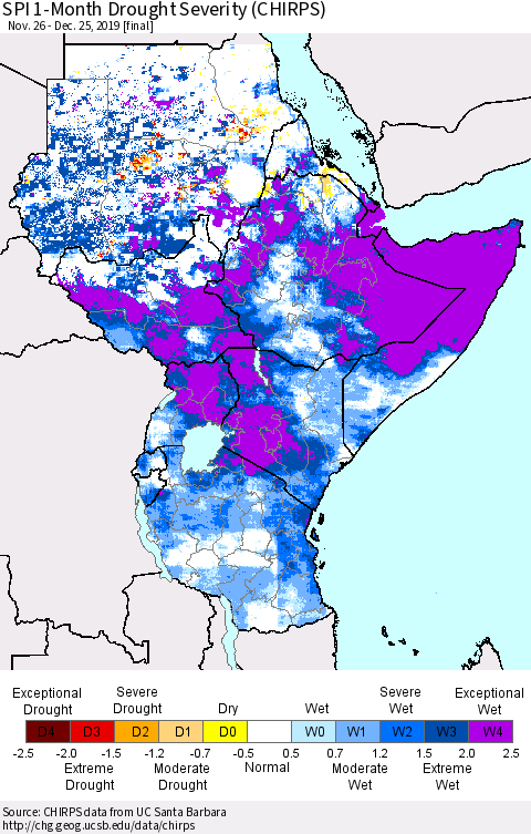 Eastern Africa SPI 1-Month Drought Severity (CHIRPS) Thematic Map For 11/26/2019 - 12/25/2019