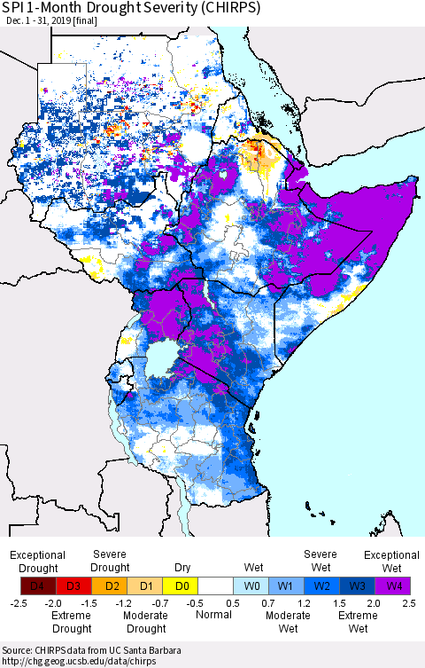 Eastern Africa SPI 1-Month Drought Severity (CHIRPS) Thematic Map For 12/1/2019 - 12/31/2019
