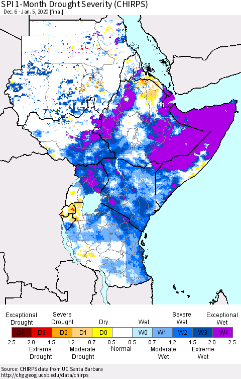 Eastern Africa SPI 1-Month Drought Severity (CHIRPS) Thematic Map For 12/6/2019 - 1/5/2020