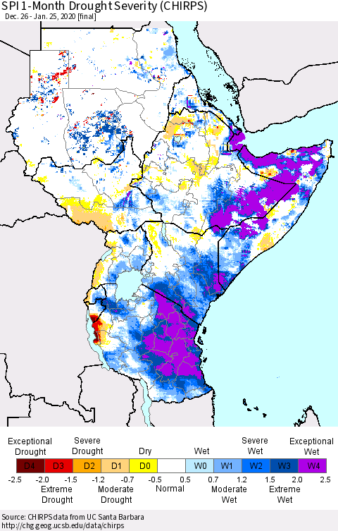 Eastern Africa SPI 1-Month Drought Severity (CHIRPS) Thematic Map For 12/26/2019 - 1/25/2020