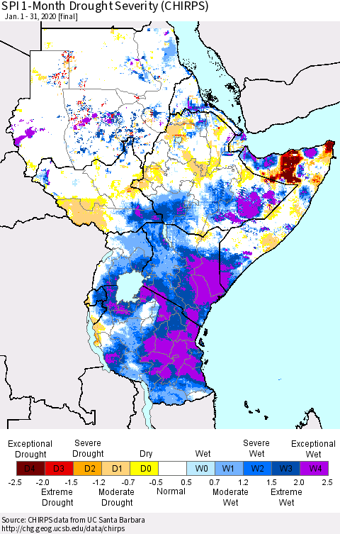 Eastern Africa SPI 1-Month Drought Severity (CHIRPS) Thematic Map For 1/1/2020 - 1/31/2020