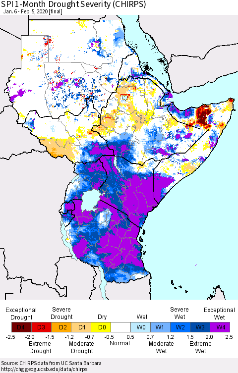 Eastern Africa SPI 1-Month Drought Severity (CHIRPS) Thematic Map For 1/6/2020 - 2/5/2020
