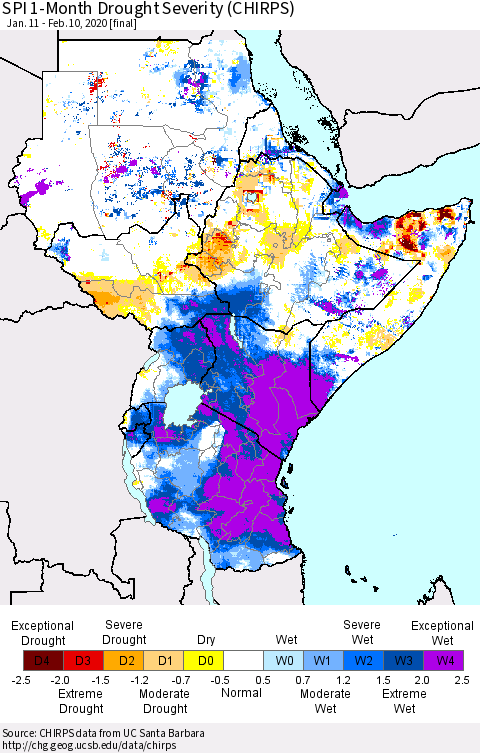 Eastern Africa SPI 1-Month Drought Severity (CHIRPS) Thematic Map For 1/11/2020 - 2/10/2020