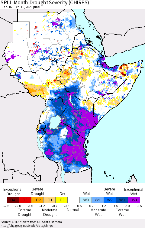 Eastern Africa SPI 1-Month Drought Severity (CHIRPS) Thematic Map For 1/16/2020 - 2/15/2020