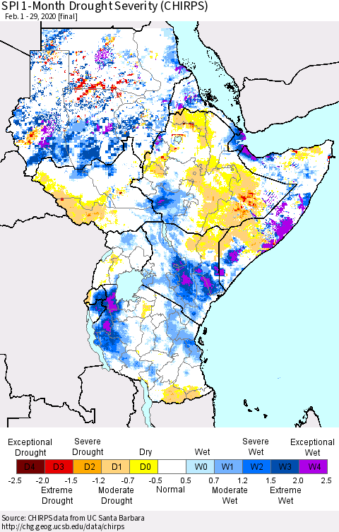 Eastern Africa SPI 1-Month Drought Severity (CHIRPS) Thematic Map For 2/1/2020 - 2/29/2020