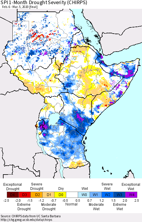 Eastern Africa SPI 1-Month Drought Severity (CHIRPS) Thematic Map For 2/6/2020 - 3/5/2020