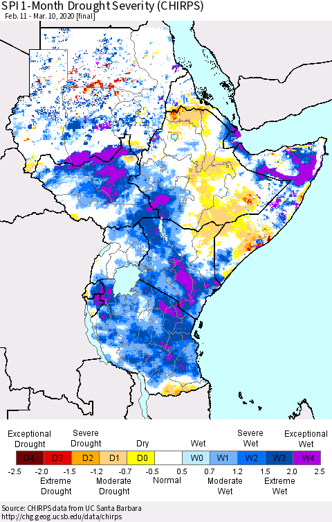 Eastern Africa SPI 1-Month Drought Severity (CHIRPS) Thematic Map For 2/11/2020 - 3/10/2020