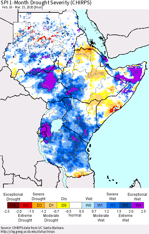 Eastern Africa SPI 1-Month Drought Severity (CHIRPS) Thematic Map For 2/16/2020 - 3/15/2020