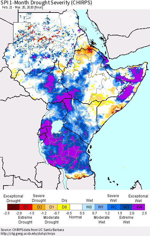 Eastern Africa SPI 1-Month Drought Severity (CHIRPS) Thematic Map For 2/21/2020 - 3/20/2020