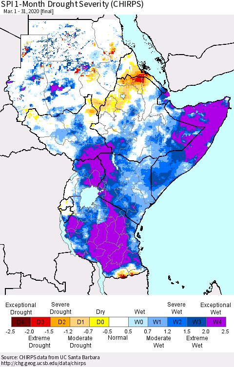 Eastern Africa SPI 1-Month Drought Severity (CHIRPS) Thematic Map For 3/1/2020 - 3/31/2020