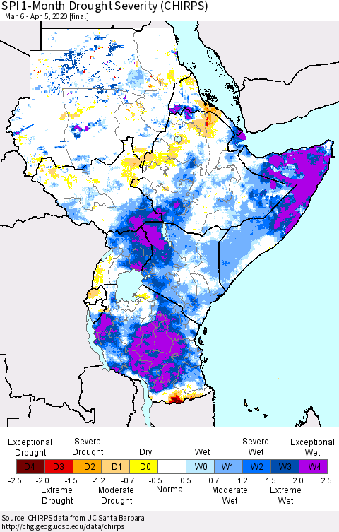 Eastern Africa SPI 1-Month Drought Severity (CHIRPS) Thematic Map For 3/6/2020 - 4/5/2020